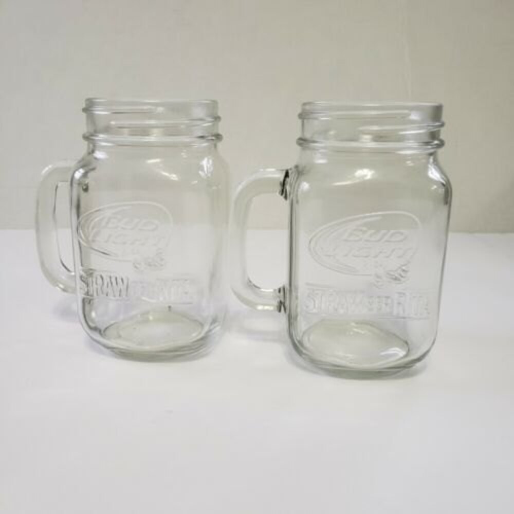 Bud Light Straw-Ber-Rita Embossed 16 Oz Mason Jar with Handle Set of Two New